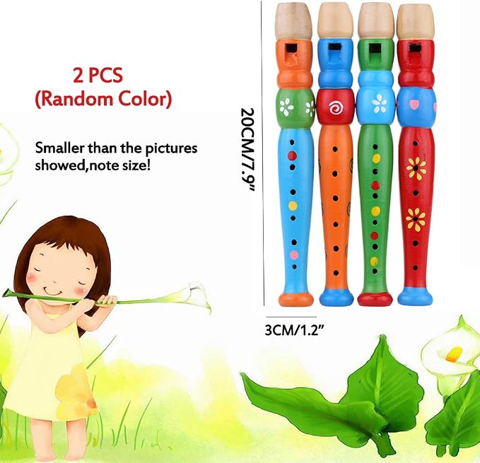 2 pcs Small Wooden Recorders for Toddlers, Colorful Piccolo Flute for Kids,Learning Rhythm Musical Instrument,Sealive Baby Early Education Music Sound Toys for Autism or Preschool Child (Random Color)