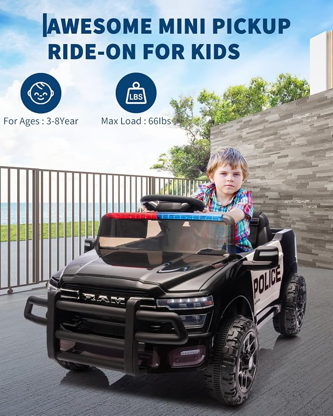 Garvee Kids Ride On Police Cars, Licensed RAM 12V Electric Ride On Police Car w/Remote Control, Electric Pickup Car for Toddlers, Spring Suspension, LED Lights, Music, Ride On Toys for Boys Girls