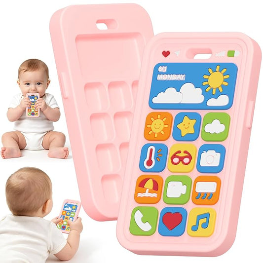 Baby Teething Toys Silicone Baby Phone Teether Over 3 Months - Sensory Chew Toys Baby Teether for Teething Relief - BPA Free Infant Toys Baby Shower Gifts (1, Pink)