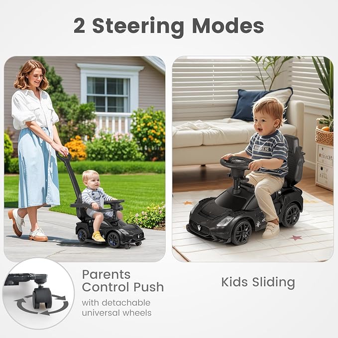 OLAKIDS Push Car for Toddlers, Licensed Maserati 3 in 1 Baby Ride on Sliding with Parent Control Handle, Universal Wheels Safe Guardrails Under Seat Storage, Kids Walking Toy with Music Horn (Black)