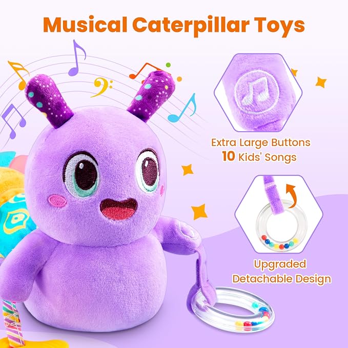 GoGonova Musical Caterpillar Baby Sensory Toy for Infant Development 0-12 Months – Tummy Time Crawler & Teether – Newborn Bath, Car Seat, Stroller & Bassinet Activity Toy & Gift(Purple)
