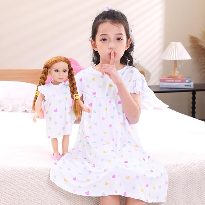 ICOSY Matching Doll & Girls Nightgowns Clothes Girls Pajamas Sleepwear Outfit for Kids and 18" Girl Doll