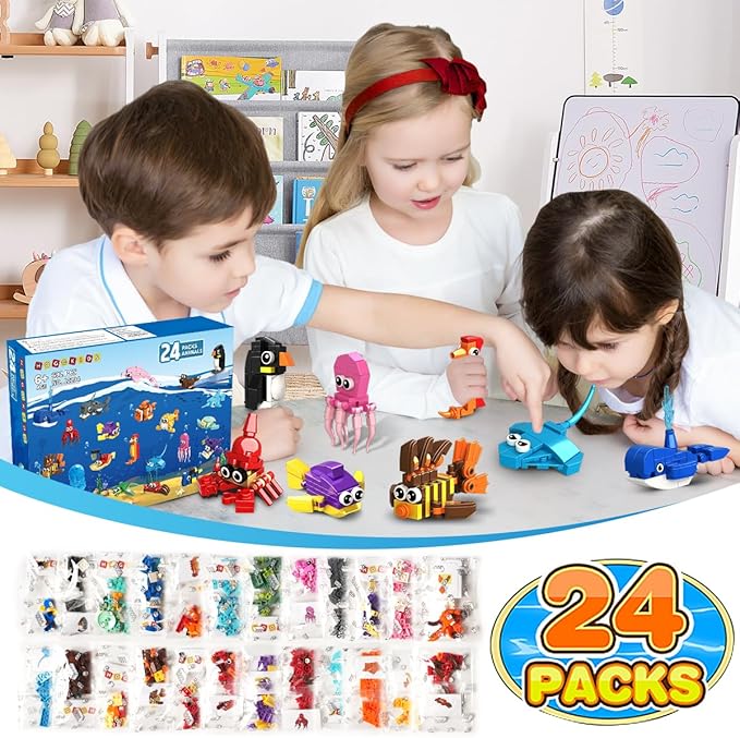 HOGOKIDS 24 Pack Party Favors for Kids Building Set - 629PCS Mini Marine Animals Blocks Toy for Easter Valentines Day Goodie Bag Stuffers Classroom Prizes Gifts fo Kids Boy Girl Student Ages 6-12