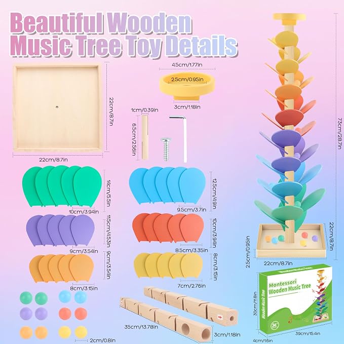 Wooden Marble Run Music Tree Montessori Toys for Kids 3+ Years Old Marble Ball Run Learning Game Wood Color Sorting Toys for 4-8 Boys and Girls Birthday