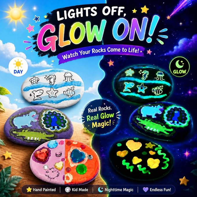 Rock Painting Kit for Kids Ages 6–12, Arts & Crafts Set, Creative Art Toys, Glow-in-the-Dark Rocks to Paint, Gifts for Birthdays & Holidays, Stocking Stuffers