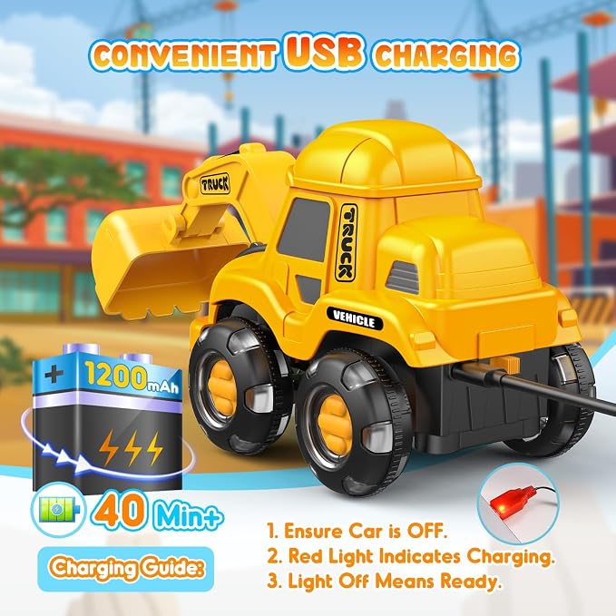 Toyjolka Toddler Remote Control Car with Flashing Light Wheels for 2 3 4 5 6 Year Old Boys Girls, USB Rechargeable Construction Excavator Toy for Toddlers 2-6 Great Birthday Gift Idea for Kids