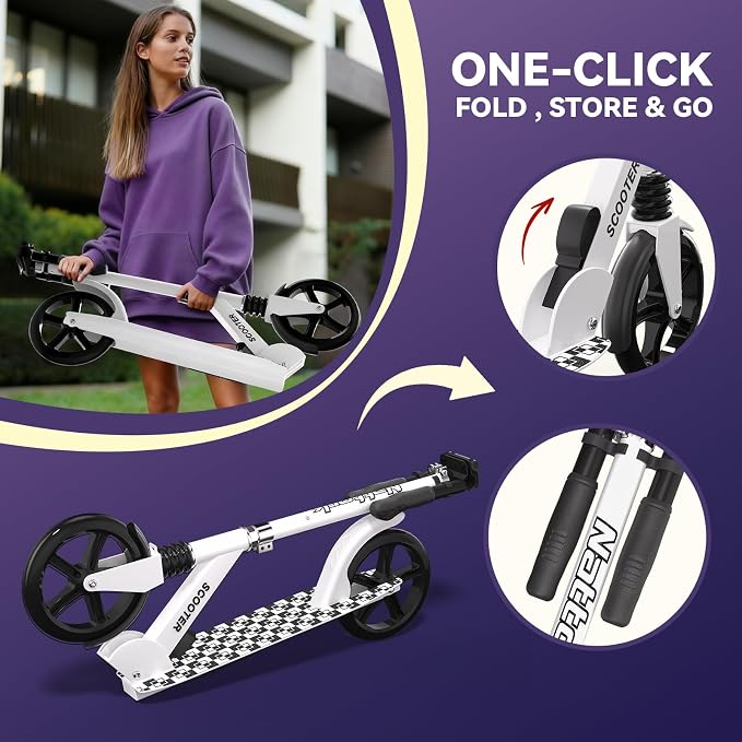Nattork Kick Scooter for Age 6+ Kids Teens Adults, Max Load 240 LBS, Adjustable Height Foldable with 8" Large Wheels, Anti-Shock Suspension