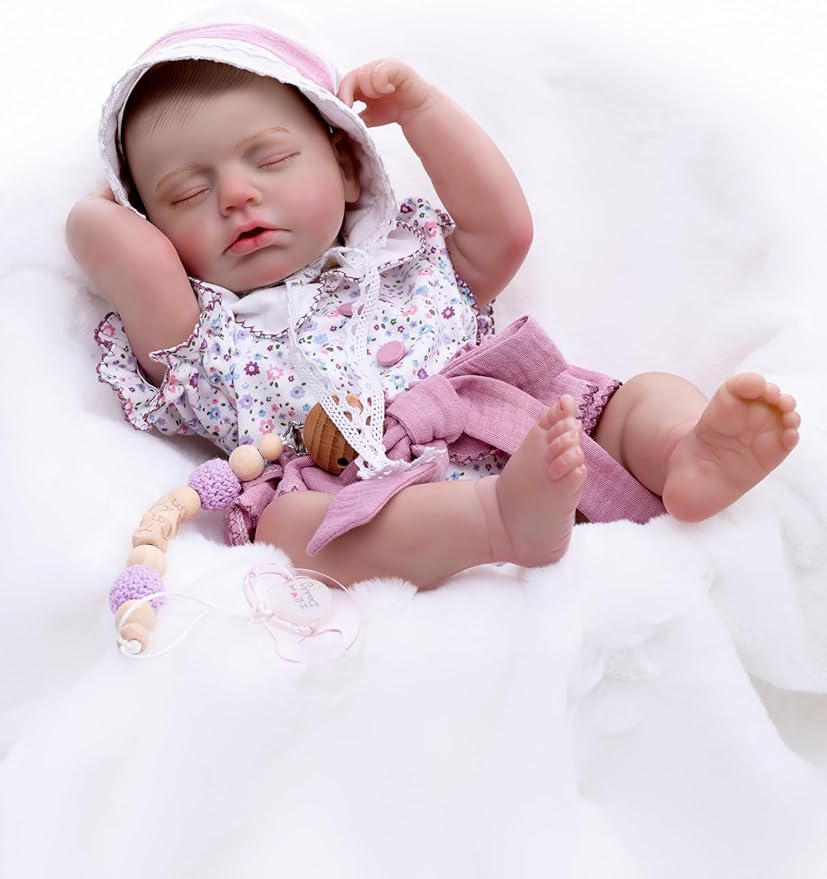 Reborn Baby Dolls – 20 Inch Real Baby Dolls that Look Real, Full Body Vinyl Girl Doll in Purple Romper with Bow & Bonnet, Lifelike Newborn with Accessories, Gift for Girls Ages 3+