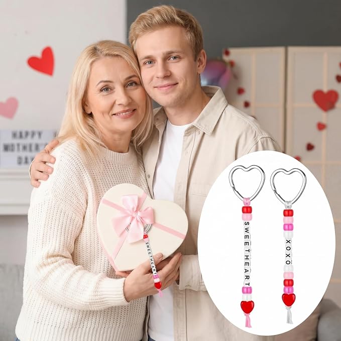 Landical 564 Pcs Mother's Day Keychain Craft DIY Heart Bead Keychain Making Kit Adjustable Letter Bead Galentine's Day Friendship Love Mom Gift Jewelry Accessories Valentine Party Favor(Sweet Color)