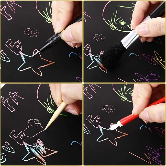 Scratch Art Tools, 9 Pcs Scratching Drawing Tools Set: Artist Glove, Tools Bag, Scratch Coloring Pens, Plastic and Wooden Stylus, Scraper, Repair Pen, Clean Brush for Adults & Teens Painting Paper