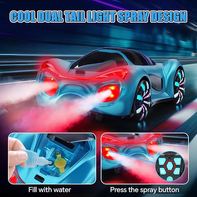Remote Control Car,RC Cars Boys Toys for 6 7 8 9 10 11 12 Year Old 2.4GHz 360° Rotate RC Cars with Cool Lights, Music & Spray Effects Cool Birthday for Kids & Boys 6-12