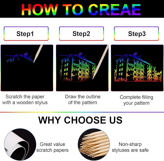 Cityrosy 60 Pcs Scratch Art Rainbow Sets Magic Rainbow Crafts Supplies Kits for 3-12 Kids