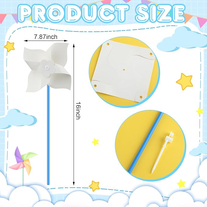 Poen 100 Pcs DIY Pinwheels for Kids Bulk, Color Your Own White Pinwheels Summer Activity Paper Craft Coloring Patriotic Blank Windmills VBS 4th of July Sunday School Party Favor Supplies, 5 Inches