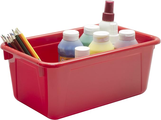 Storex Small Cubby Bins – Plastic Storage Containers for Classroom with Non-Snap Lid, 12.2 x 7.8 x 5.1 inches, Red, 5-Pack (62407A05C)