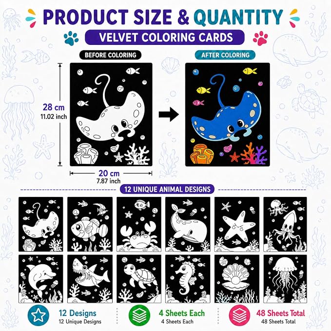 Cinrobiye 48 Pcs Velvet Coloring Posters Summer Fuzzy Posters to Color Bulk Felt Ocean Animal Coloring Page Craft for Adults Teenagers All Ages Classroom Assisted Living Festive Holiday Activity