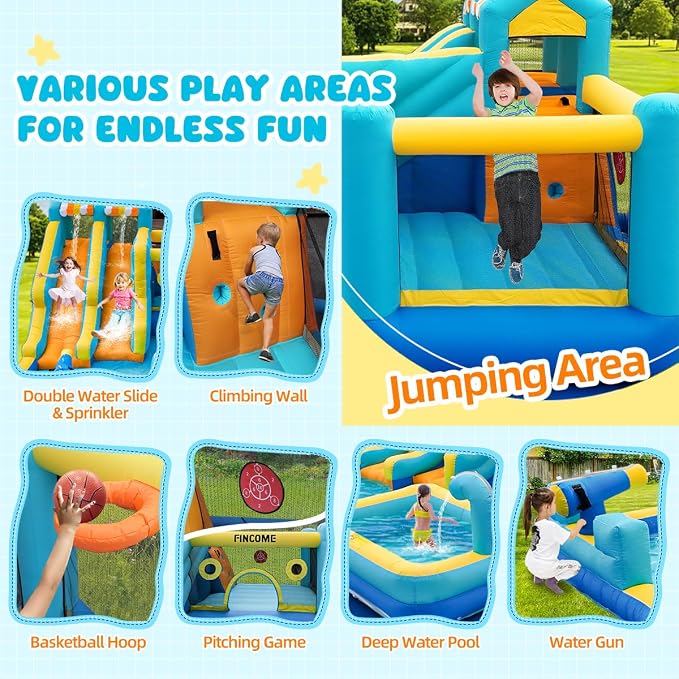 FINCOME Inflatable Bounce House, 10 in 1 Double Water Slide Bounce House with 750W Blower, Climbing Wall, Jumping, Water Gun, Splash Pool, Basketball Hoop for Kids Indoor Outdoor Backyard