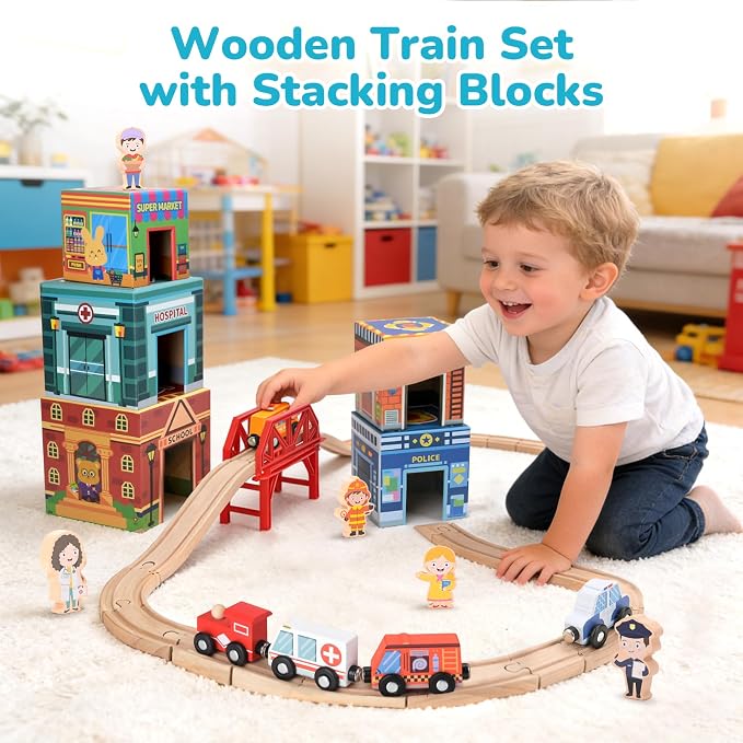 Wooden Train Set for Kids 3-7, Wood Train Tracks Complete Town Railway Playset with Matching Figures, Vehicles, Stacking and Nesting Blocks, Sorting & Stacking Toys Gifts for Boys Girls
