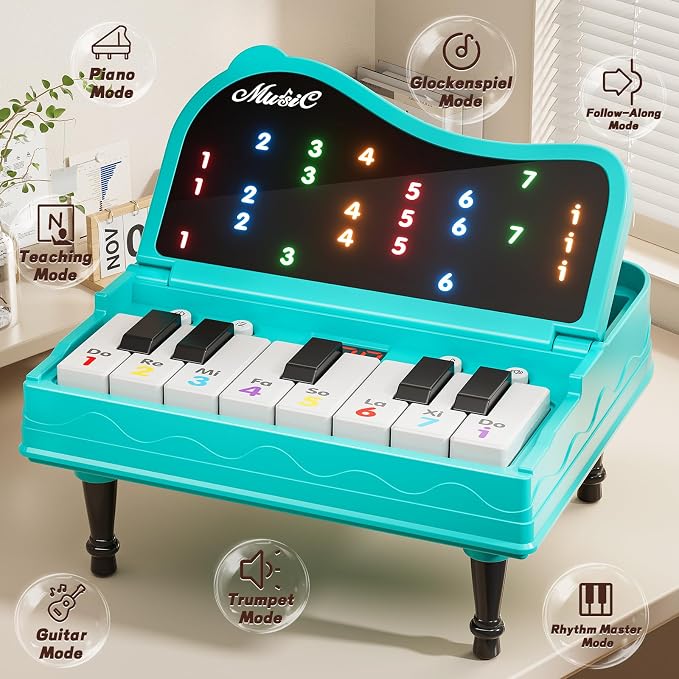 Piano for Kids, Piano Keyboard Learning Toys for Kids Boys Girls Ages 3 4 5 6 7 Year Old, 7 Modes Educational Toy Keyboard Piano with Light-Up Keys, Travel Piano Toy Music Rhythm Machine Birthday Gift