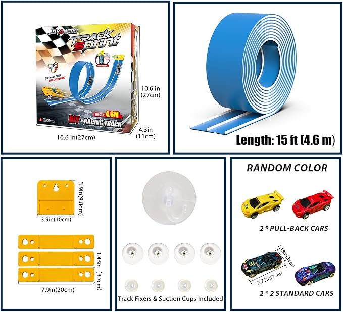 15 Ft Flexible Race Car Track (Daytona Blue) for Kids,Flex Track Starter Set Compatible with Hot Wheels and Diecast 1/64th Cars,Portable Racetrack Roll Up Race Track with 4 Racecars and Suction Cups