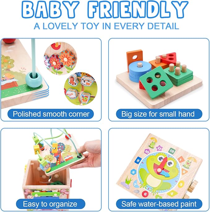 Wooden Activity Cube | Montessori Toys for 1 2 3 Year Old Toddlers | One Year Old 1st 2st First Birthday Gift | Educational Toys for 12+ Months Baby Boys Girls | Bonus Sorting & Stacking Game (Blue)