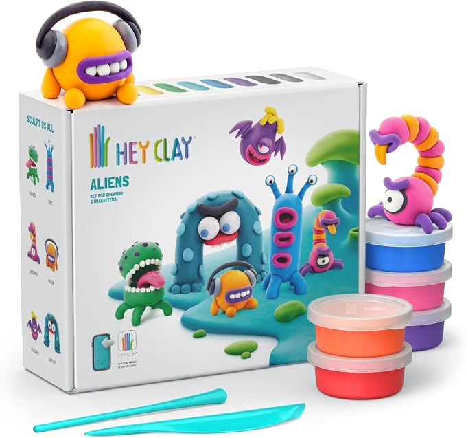 HEY CLAY Set - Colourful Modeling Air Dry Clay Kit for Kids 15 cans and Sculpting Tools with Fun Interactive Instructions App - Children 3+ (Aliens)