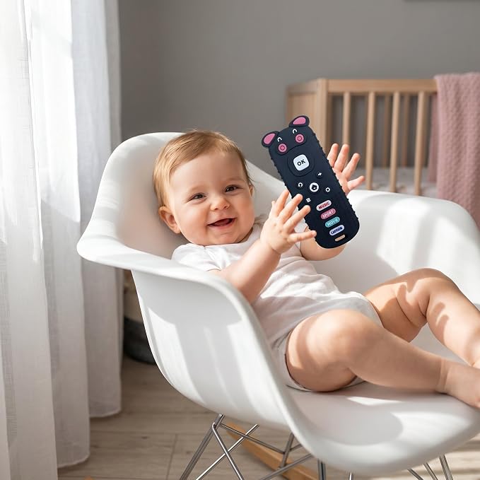 SOLIFEGOBLE Remote Control Teether for Babies 3-18 Months, Cute Pig-Shaped Silicone TV Remote Teething Toy, BPA-Free Soft Chew Toy with Textured Buttons, Teething Relief for Infants Boys Girls (Black)