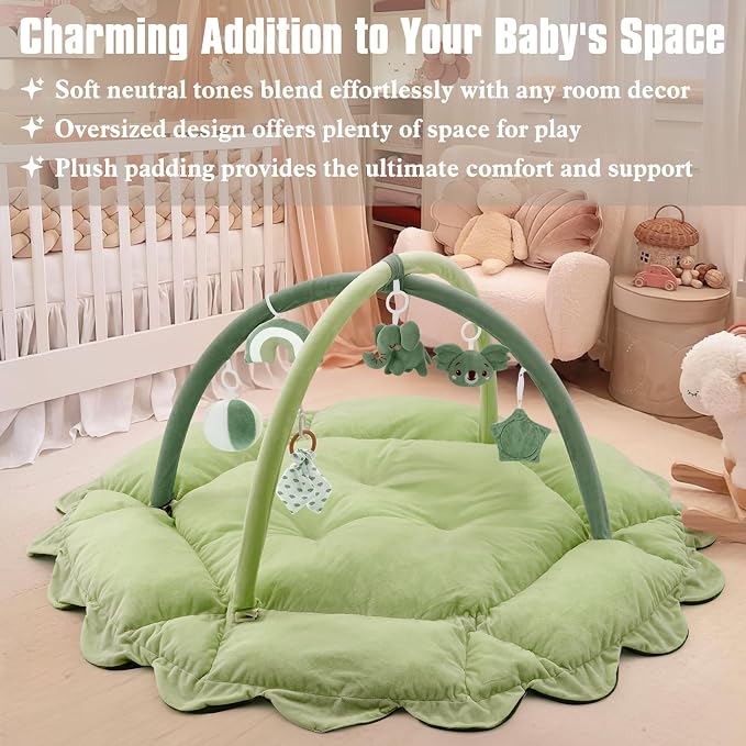 5-in-1 Plush Baby Play Gym, Activity Mat with Convertible Gym, Baby Gym 6 Sensory Toys, Play Center for Newborn to Toddler, Green