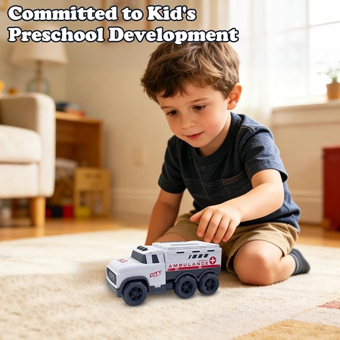 Aigitoy Toddler Car Toys for 1-3 Year Old, White Ambulance Truck, BPA Free, Phthalates Free, PVC, Recycled Plastic, Construction Truck, Kids Outdoor Toys, Christmas Birthday Gifts for Boys Girls
