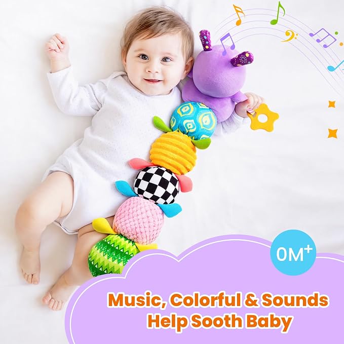 GoGonova Musical Caterpillar Baby Sensory Toy for Infant Development 0-12 Months – Tummy Time Crawler & Teether – Newborn Bath, Car Seat, Stroller & Bassinet Activity Toy & Gift(Purple)