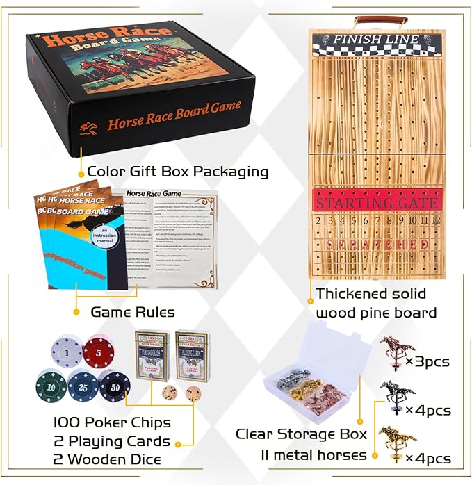 Jyquorp Horse Race Board Game, Solid Wood Foldable Racing Board with 11 Metal Horses, 2 Dice and 2 Boxes of Cards, Portable Travel Game for Family Parties and Holiday Gatherings