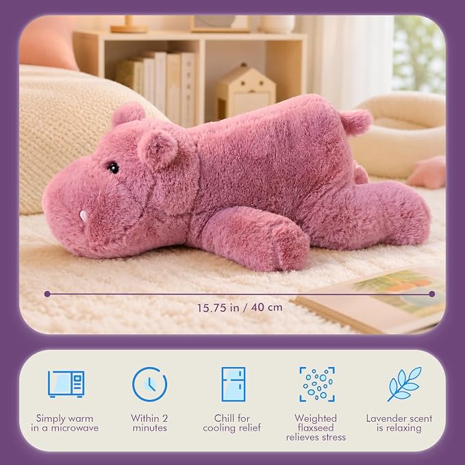OSOCU® Microwavable & 1.8 LB Weighted Stuffed Animal - Pink Hippopotamus Heating Pad with Lavender & Tourmaline - Soothing Warm Heatable Plush Toy for Menstrual Cramps, Muscle Aches, Shoulder Tension