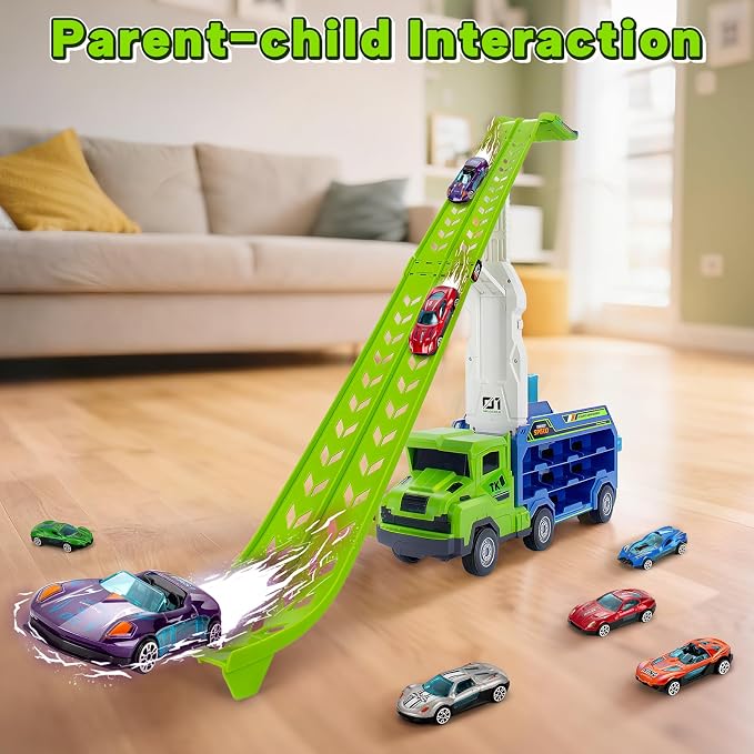 Kids Toys for 3 4 5 6 7 8 Years Old Boys, Carrier Truck Transport Car Toys, Foldable 2 Layer Car Race Track Playset with 25-in Race Track, 6 Metal Toy Cars, Birthday Toy Gift for Toddler Boys Girls