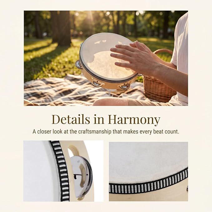 Tambourine for Church 8 inch Hand Held Drum Bell Birch Metal Jingles Percussion Musical Educational Drum Instrument for KTV Party Kids Games by Musfunny (8 inch)