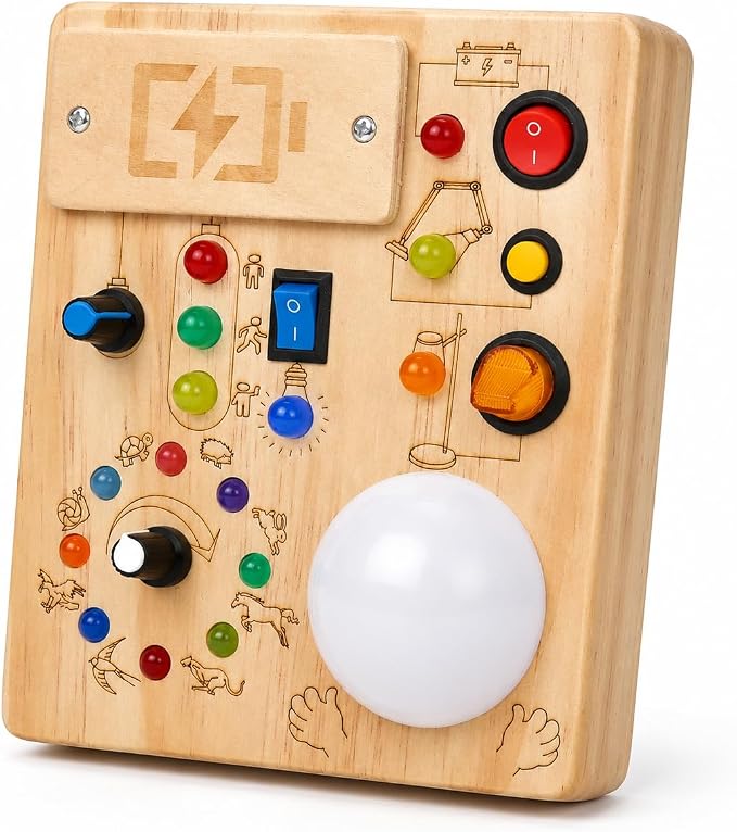 Montessori Busy Board for Toddlers 1-3 Year Old, Sensory Activity Toys for Baby Aged 1 2 3 Years Old with LED Light Switches, Wooden Travel Toys for Boys Girls Gift (Tap Light Busy Board)