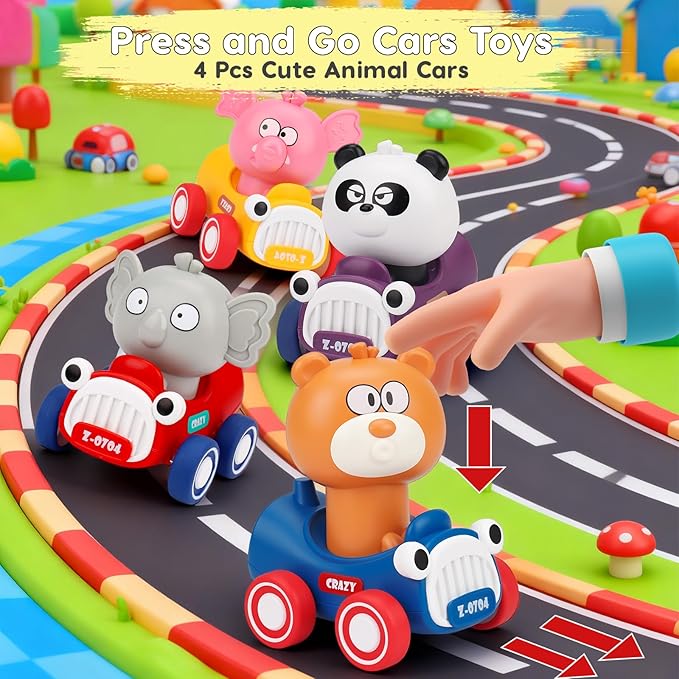 AugToy Press and Go Toy Cars for Toddlers 1-3, Animal Racing Cars Infant Baby Toys 6-9-12-18 Months, Cars Toys for 1 2 Year Old Boy Girl Gifts, One 1st First Year Old Boy Girl Birthday Easter Gifts