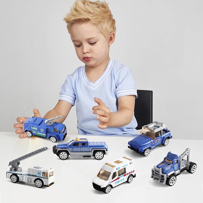 6 Pack Mini Die-cast Car 1/64 Scale Alloy Models Police Vehicle Set for Boys 3-5 6 7 - Ladder, Water Tower, Ambulance, Police Patrol Car & Transport Truck, Patrol - Kids Birthday Xmas Gift