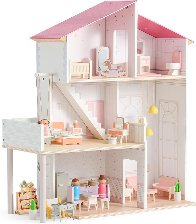 SainSmart Jr. Wooden Dollhouse for Girls, Modern Family Doll House with 37Pcs Furniture & Accessories, 3-Story Pretend Playhouse Toy Gift for Kids Ages 3+