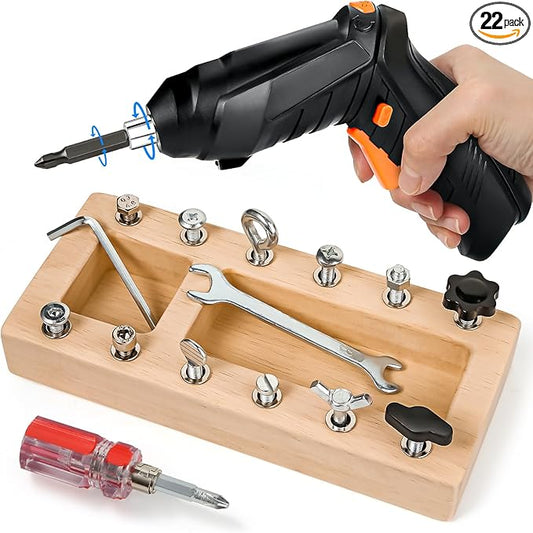 Montessori Screwdriver Board Set with Electric Drill, Wooden Montessori Busy Board Toys Screw Driver Activities Tools for 3 4 5 Year Old Kids, Sensory Learning STEM Fine Motor Skills Toys for Boys
