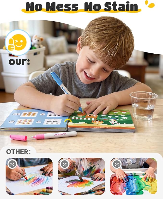 JUPITEARTH 3-in-1 Pack Mess Free Coloring Book Set,Reusable Water Painting Book with 2 Refillable Water Pens 28 Pages, Educational Activity Toys for Toddlers