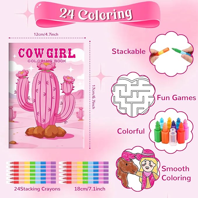 BenLouis 24 Cowgirl Mini Coloring Books Kids with 24 Stacking Crayons Western Girl Party Favors Activity Books Bulk for Kids Wild West Horse Goodie Bag Gift Stuffer Classroom Reward