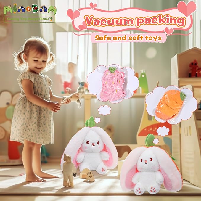 MIAODAM Cuddly Bunny Stuffed Animal, Kawaii Squishy Cute Easter Bunny Plush Turn Into Rabbit Fruit Doll Carrot Strawberry Bunny, Plushies Funny Bunny Toy for Kids