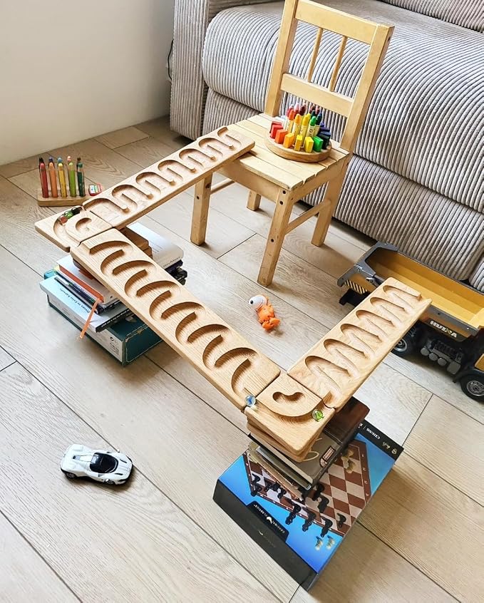 Wooden Marble Run Track Race Wooden Maze Board Ball Run Montessori Educational Toy Gift for Kids Winding Wave Roller Track(Set of 3)