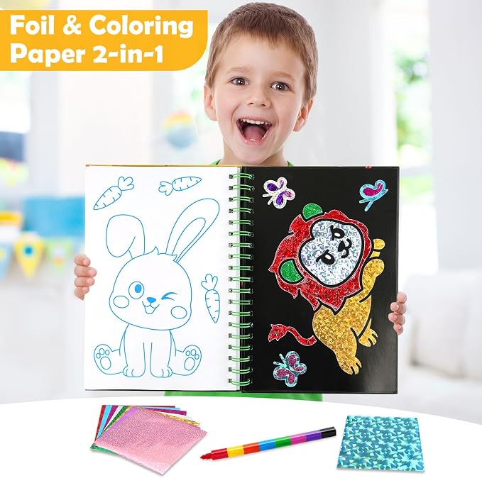 FUNNYB&G Foil Art Craft Kit for Kids 4-10 Years Old: Mess-Free & No-Glue, Create 16 Sparkly Dinosaur& Animal Pictures – Perfect Travel Toy & Birthday Gift for Kids (Dinosaur Animal)
