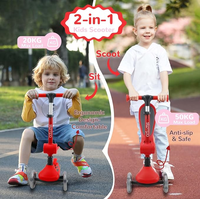 Stompa Kids Scooter 2-in-1 Light Up 3 Wheel Scooters with 4 Levels Adjustable Handlebar, Foldable Seat, Widen Non-Slip Deck for Girls & Boys Max 110 Lbs