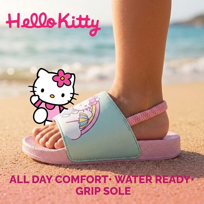 Josmo Gabbys Dollhouse Hello Kitty Slides Open Toe Sandals with Backstrap - Kid Girls Summer Beach Water Pool Shoes (sizes: 5-10 Toddlers / 11-12 Little Kids)