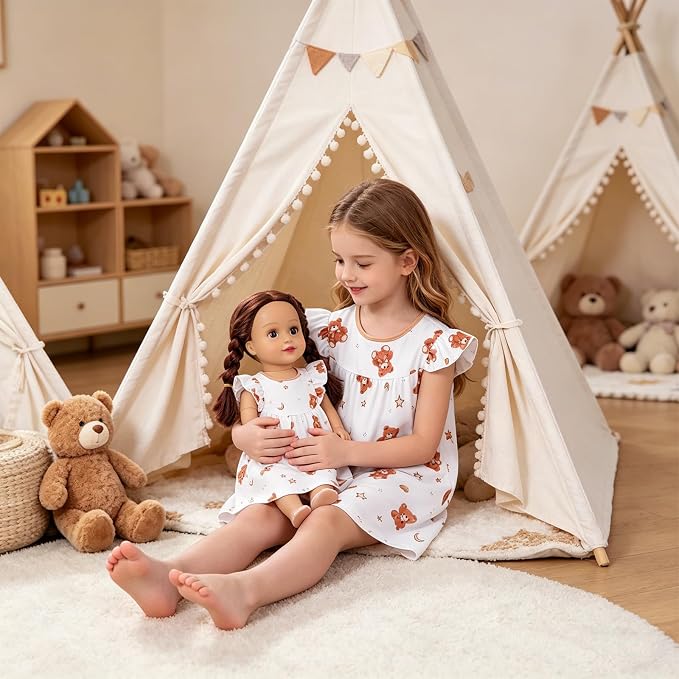 AmzBarley Matching Doll & Girl Pajamas Girls Nightgowns Sleepwear Night Dress for Kids and 18 inch Doll Clothes