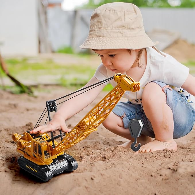 Metal ABS Crane Toy, Diecast Construction Vehicles Crane Model Car with Manual Lifting Button, Truck Building Toys for Kids Boys Ages 3-7, 8-12 Christmas and Birthday Gifts