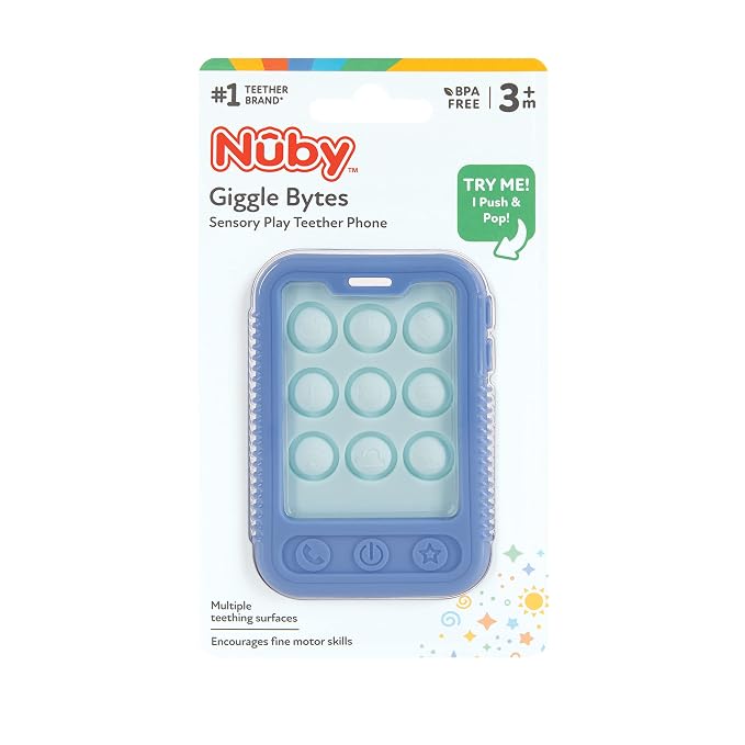 Nuby Baby Teething Toy, 3+ Months, Giggle Bytes Sensory Popper Cellphone, Blue