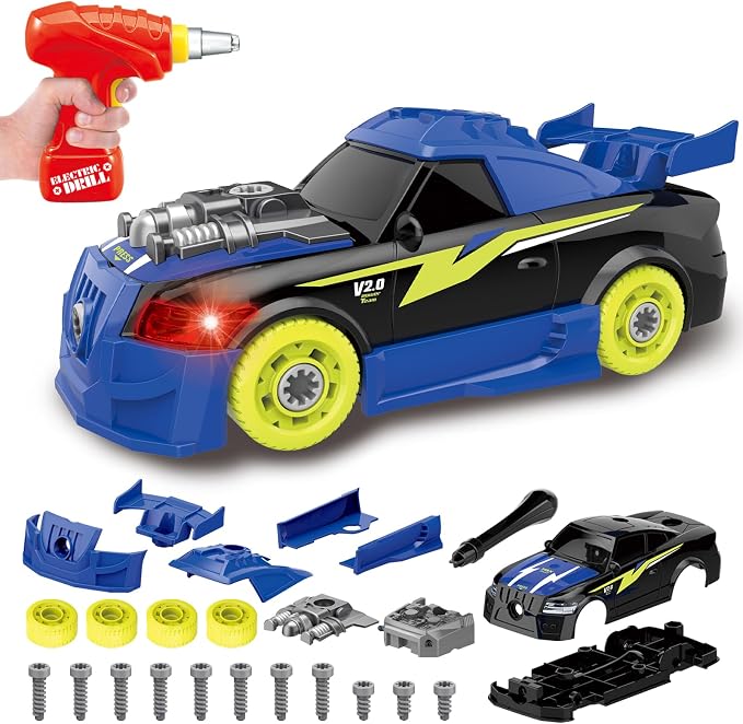 Pup Go Take Apart Toy Racing Car for Kids Age 3+ Year Old, 2 in 1 Build Your Own Car with Realistic Sounds & Lights, Construction Vehicle Toys with Electric Drill, Ideal Gitfs for Boys(4 Spare Screws)