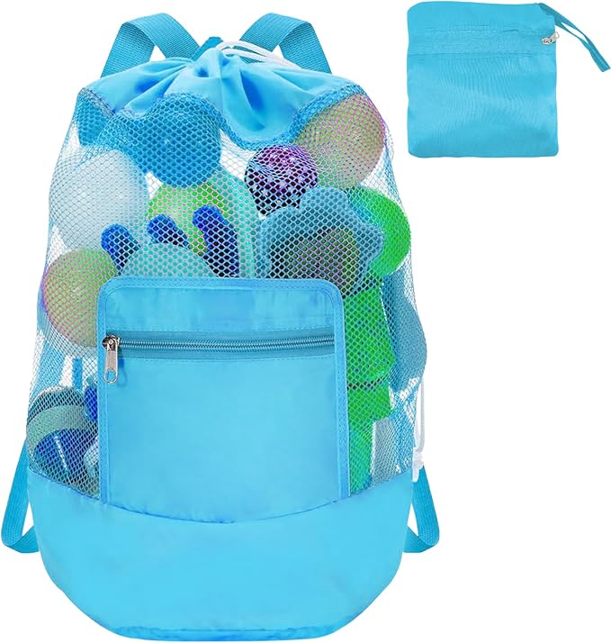 INVODA Mesh Beach Bag Drawstring Beach Backpack Foldable Toy Organizer Bag Shell Adjustable Straps Large Capacity Swim Bag